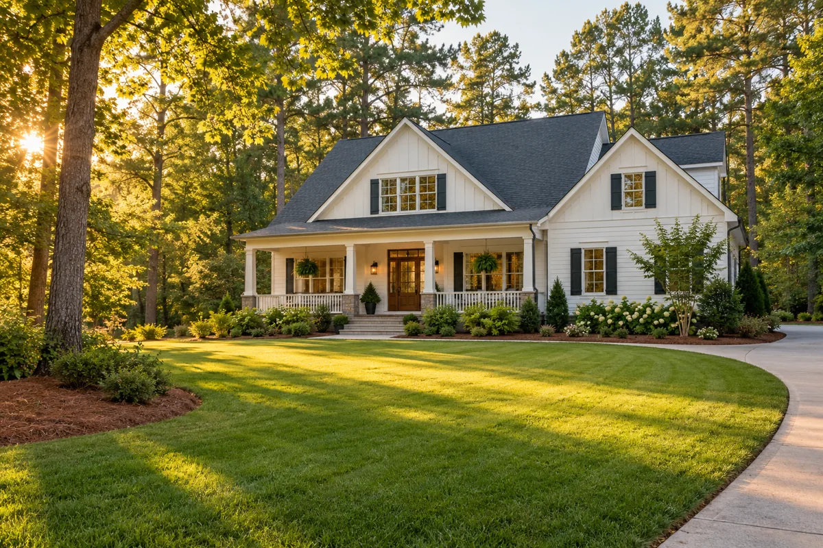 Illustration of a Carolina-style home with a porch, green lawn and mature trees